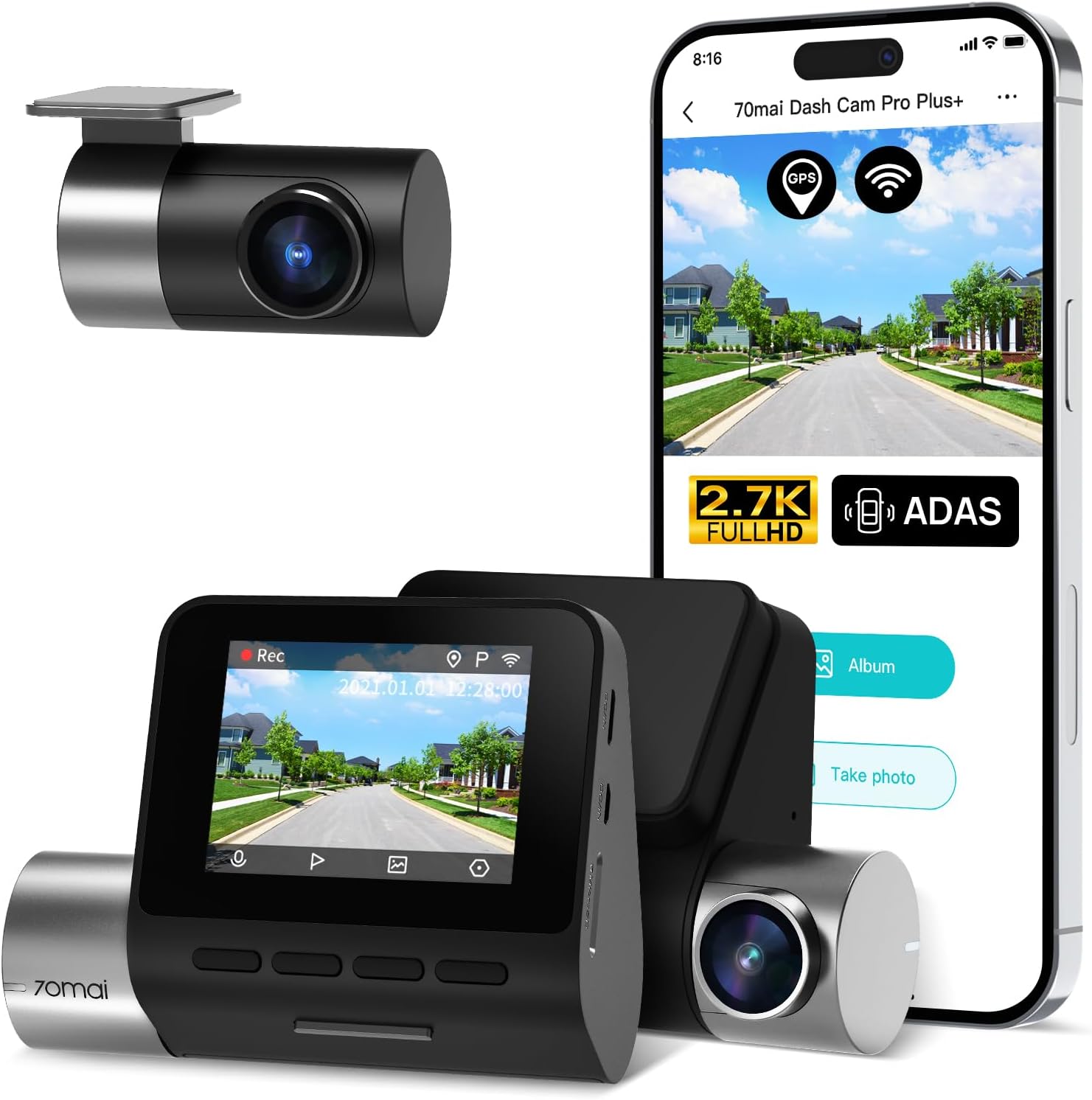 70mai 2.7K Dash Cam Front and Rear A500S